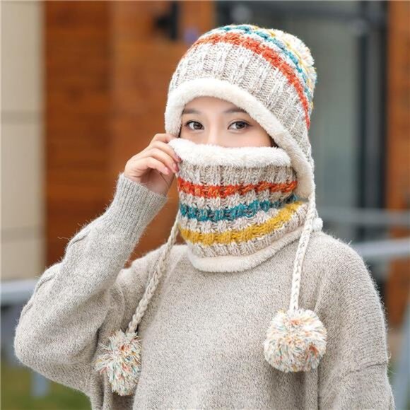 Women Winter Beanie Hat Circle Scarf Set Beige - Picture 5 of 7